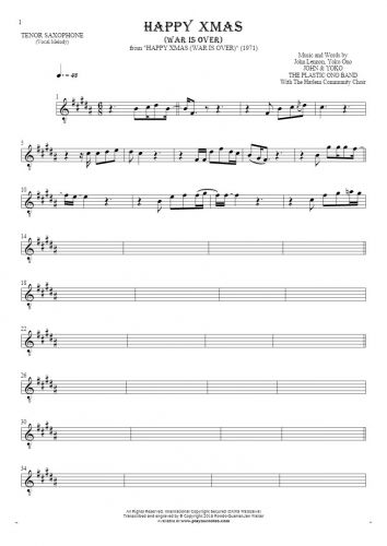 Happy Xmas (War Is Over) - Notes for tenor saxophone - melody line