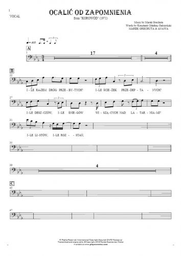 Retten aus der Vergessenheit - Noten und Liedtekst-(Bass-Schlüssel) für Gesang - Melodielinie