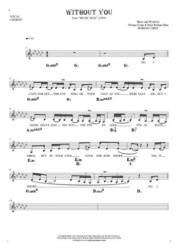 Without You - Notes, lyrics and chords for vocal with accompaniment