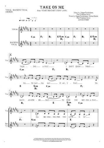 Take On Me - Notes, lyrics and chords for vocal with accompaniment