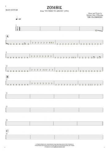 Zombie - Tablature for bass guitar