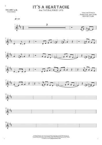 It's a Heartache - Notes for trumpet - melody line