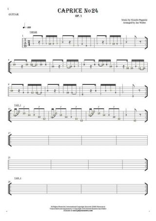 Caprice No 24 op.1 - Tablature (rhythm values) for guitar - violin solo