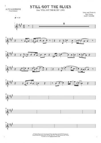 Still Got The Blues - Notes for alto saxophone - melody line