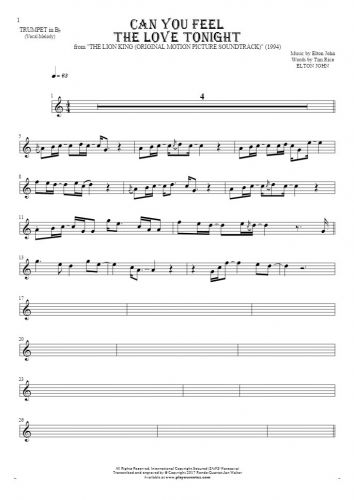 Can You Feel the Love Tonight - Notes for trumpet - melody line