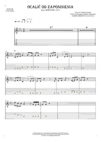 To Save from Oblivion - Notes and tablature for guitar - melody line