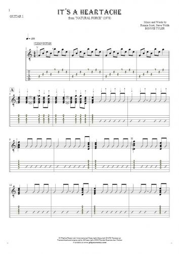 It's a Heartache - Notes and tablature for guitar - guitar 1 part