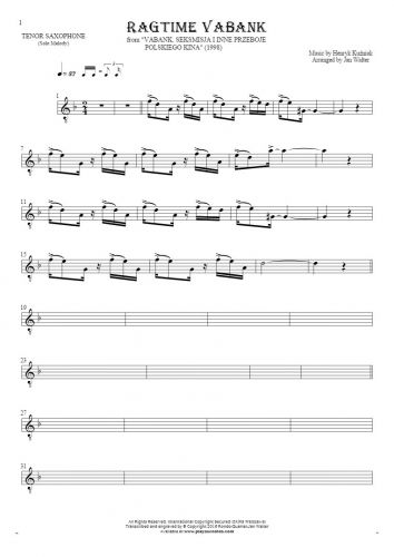 Ragtime Vabank - Notes for tenor saxophone - melody line