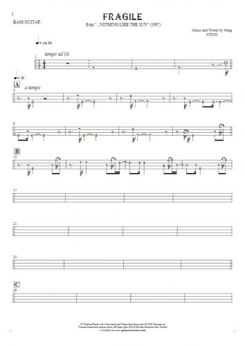 Fragile - Tablature (rhythm. values) for bass guitar