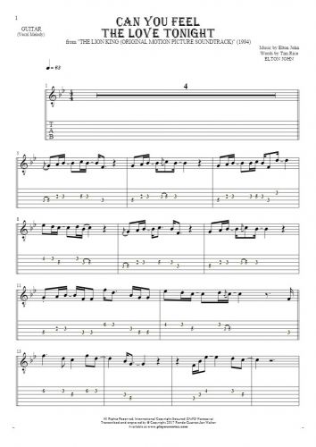 Can You Feel the Love Tonight - Notes and tablature for guitar - melody line