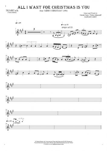All I Want For Christmas Is You - Notes for trumpet - melody line
