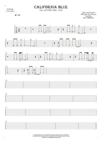 California Blue - Tablature (rhythm values) for guitar - melody line