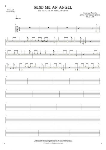 Send Me An Angel - Tablature (rhythm values) for guitar - melody line