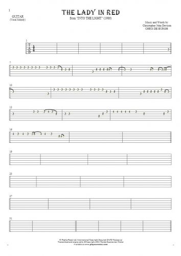 The Lady in Red - Tablature for guitar - melody line