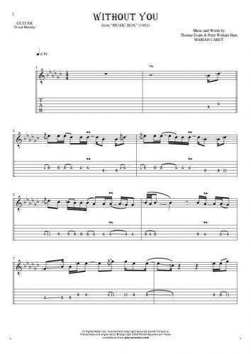 Without You - Notes and tablature for guitar - melody line