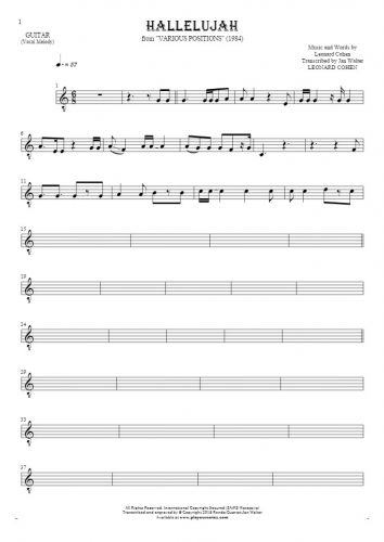 Hallelujah - Notes for guitar - melody line