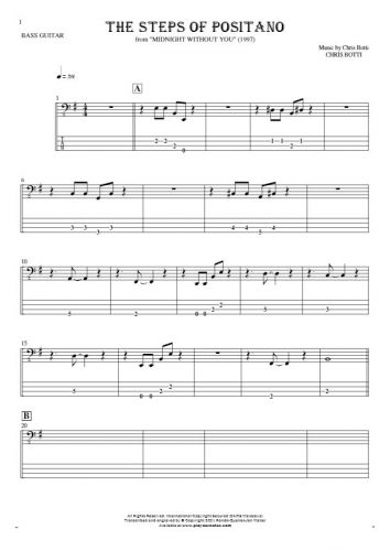 The Steps of Positano - Notes and tablature for bass guitar