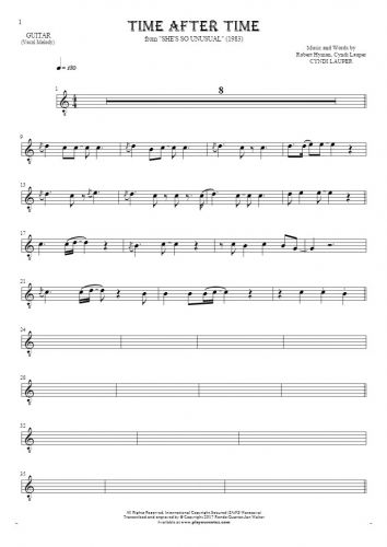 Time After Time - Notes for guitar - melody line
