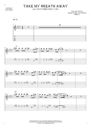 Take My Breath Away - Notes and tablature for guitar - melody line