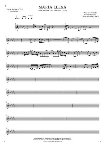 Maria Elena - Notes for tenor saxophone - melody line