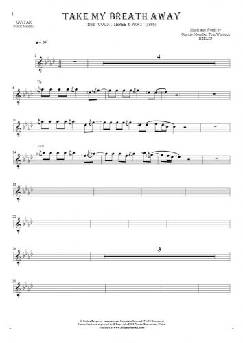 Take My Breath Away - Notes for guitar - melody line