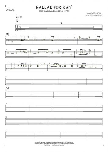 Ballad For Kay - Tablature (rhythm. values) for guitar - guitar 1 part