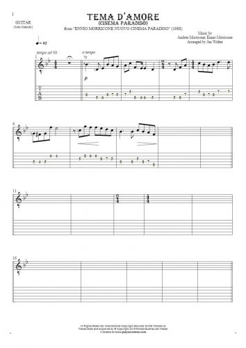 Love Theme (Cinema Paradiso) - Notes and tablature for guitar - melody line