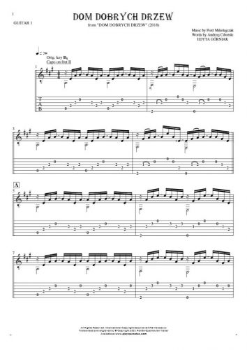 Dom dobrych drzew - Notes (in transposing) and tablature for guitar - guitar 1 part