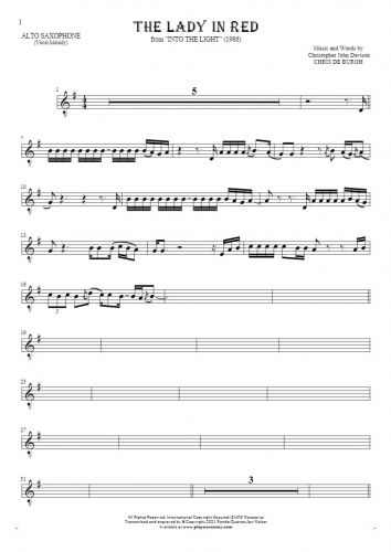 The Lady in Red - Notes for alto saxophone - melody line