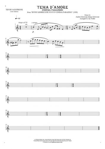 Love Theme (Cinema Paradiso) - Notes for tenor saxophone - melody line