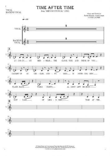 Time After Time - Notes and lyrics for vocal