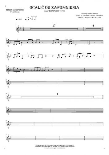 To Save from Oblivion - Notes for tenor saxophone - melody line