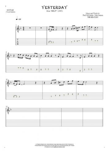 Yesterday - Notes and tablature for guitar - melody line