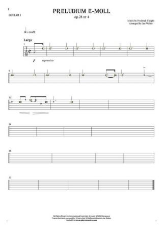 Präludium e-moll op. 28 nr 4 - Tabulatur (Rhythm Werte) für Gitarre - Gitarrestimme 1