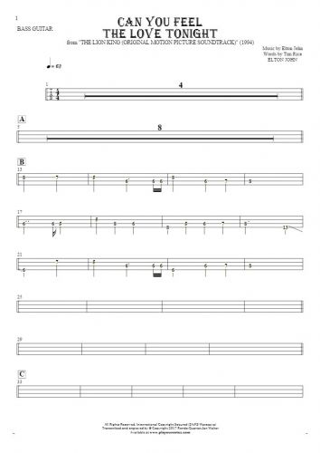 Can You Feel the Love Tonight - Tablature (rhythm. values) for bass guitar