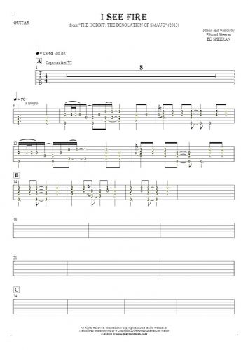 I See Fire - Tablature (rhythm values) for guitar