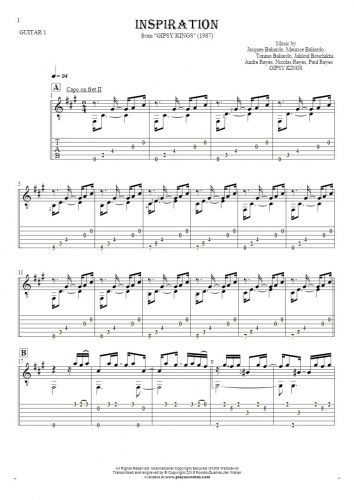 Inspiration - Notes and tablature for guitar - guitar 1 part