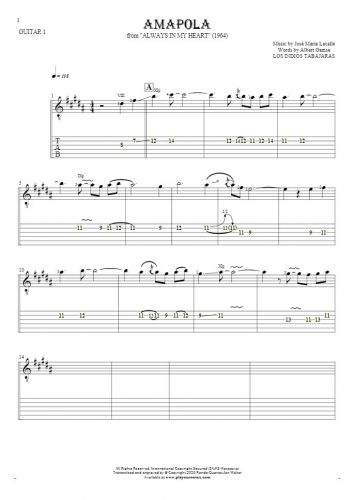 Amapola - Notes and tablature for guitar - guitar 1 part