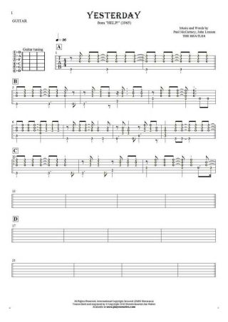 Yesterday - Tablature (rhythm values) for guitar