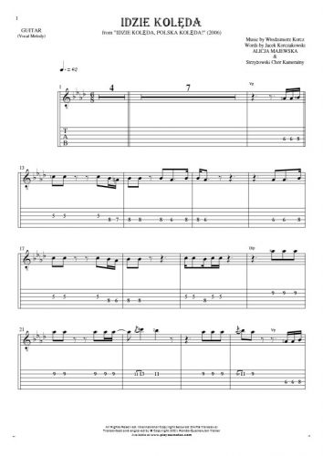 Idzie kolęda - Notes and tablature for guitar - melody line