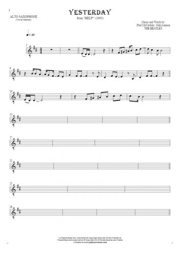 Yesterday - Notes for alto saxophone - melody line