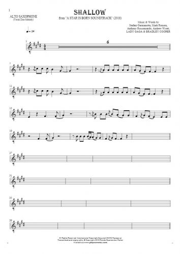 Shallow - Notes for alto saxophone - melody line
