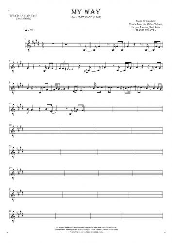 My Way - Notes for tenor saxophone - melody line