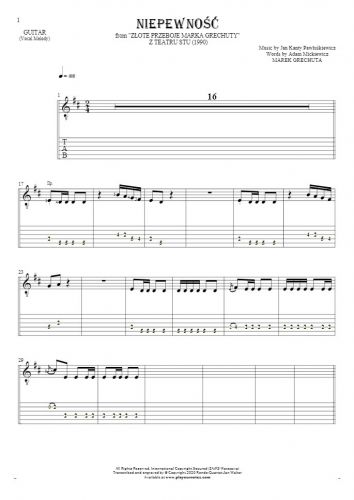 Uncertainty - Notes and tablature for guitar - melody line