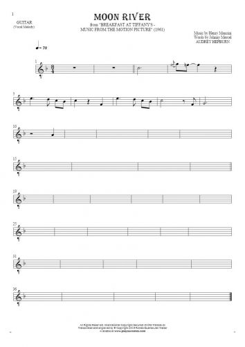Moon River - Notes for guitar - melody line
