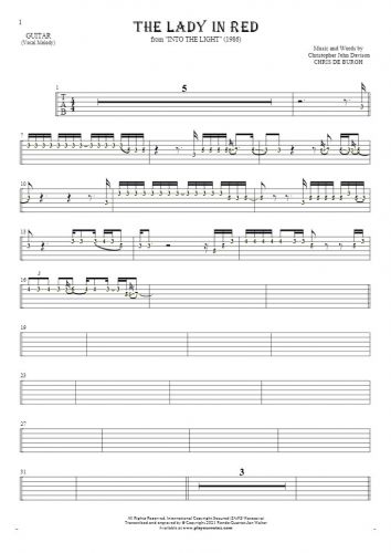 The Lady in Red - Tablature (rhythm. values) for guitar - melody line