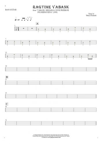 Ragtime Vabank - Tablature (rhythm values) for bass guitar