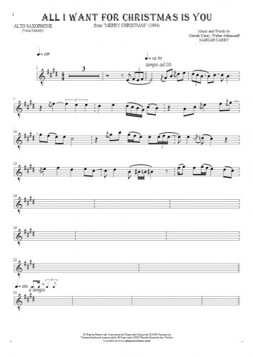 All I Want For Christmas Is You - Notes for alto saxophone - melody line
