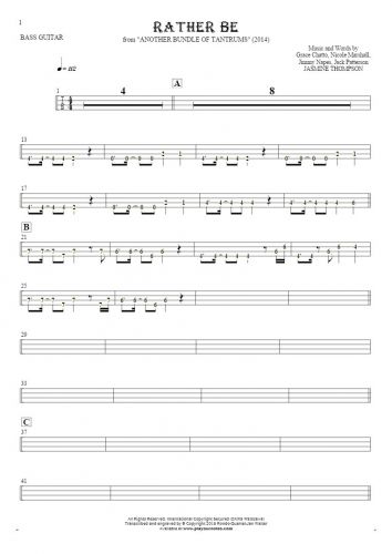 Rather Be - Tablature (rhythm values) for bass guitar