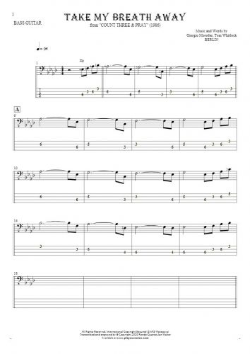 Take My Breath Away - Notes and tablature for bass guitar